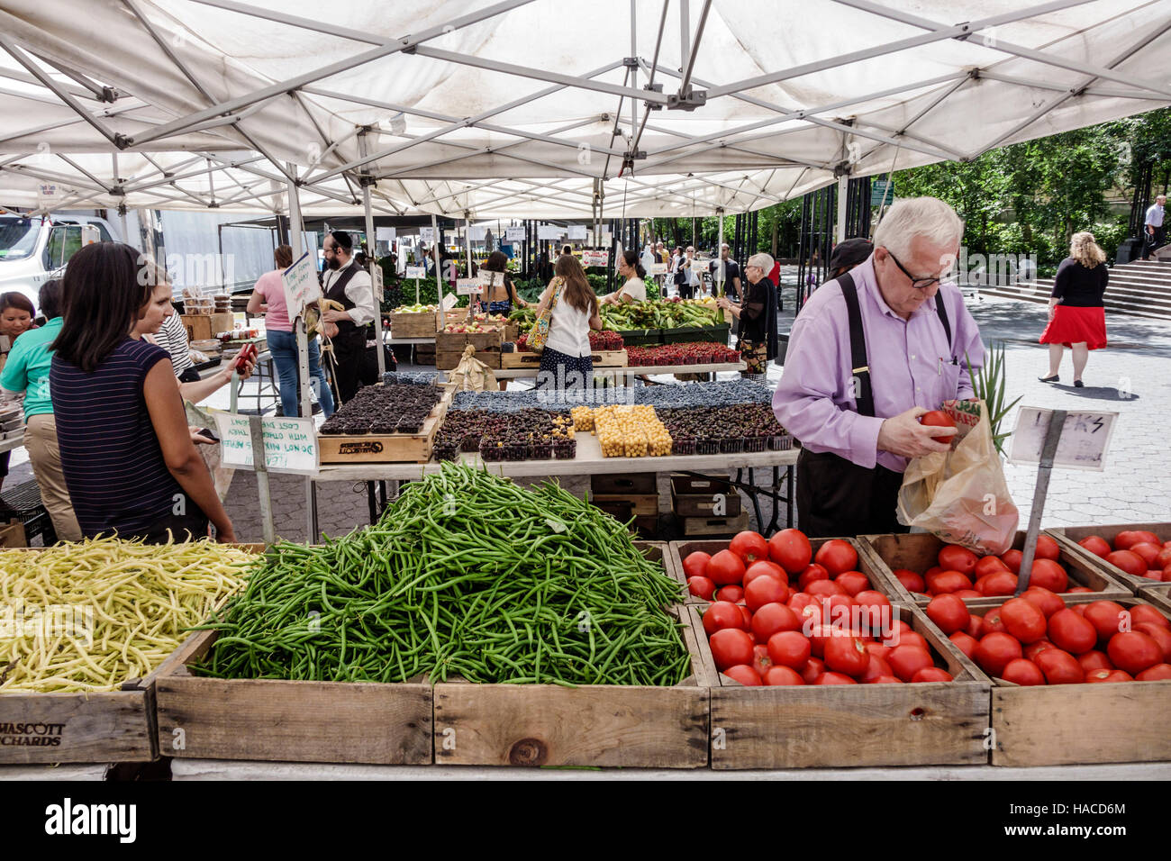 New York City,NY NYC Manhattan,Midtown,Turtle Bay,Dag Hammarskjold Plaza Greenmarket,marché agricole,tente,tables,légumes,haricots verts,tomates,fruits, Banque D'Images
