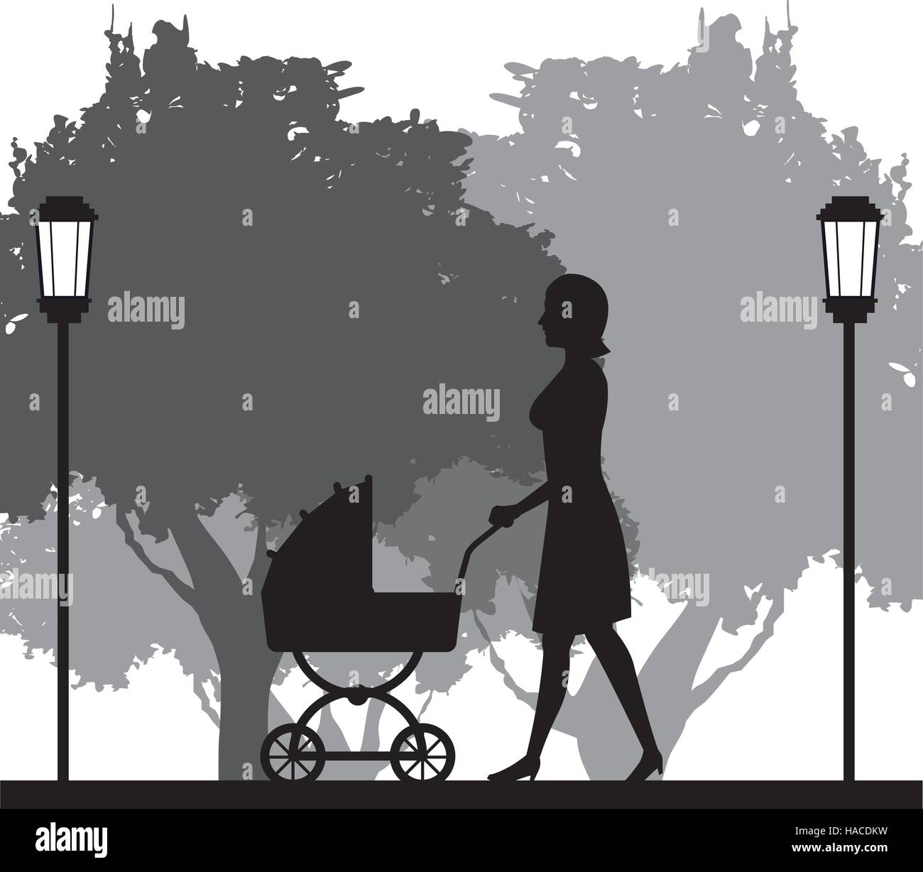 Silhouette femme marche avec poussette bébé dans park Illustration de Vecteur