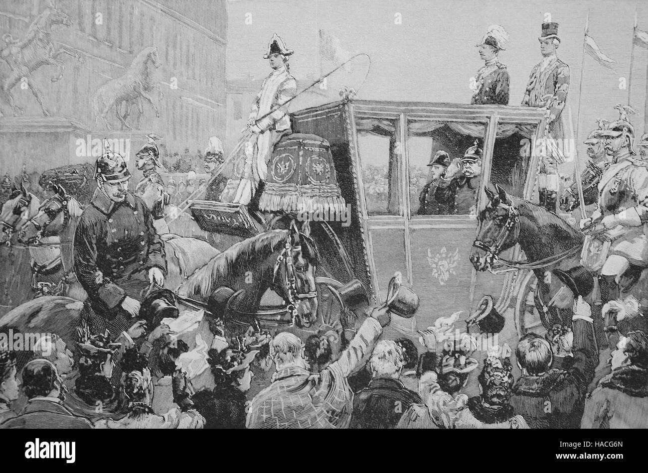 Otto Eduard Leopold, Prince de Bismarck, duc de Lauenburg, 1 avril 1815 - 30 juillet 1898, connu sous le nom de Otto von Bismarck arrive Berlin, Allemagne, illustration historique, gravure sur bois Banque D'Images