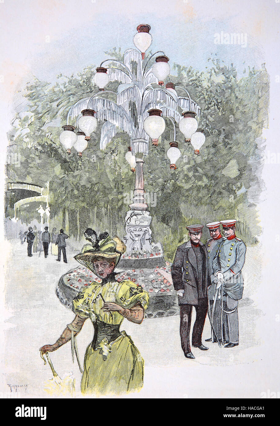 Candélabre dans le jardin de l'Opéra Kroll, Krolloper, c'était un bâtiment de l'opéra de Berlin, Allemagne, 1880, les gens marcher, illustration historique, gravure sur bois Banque D'Images