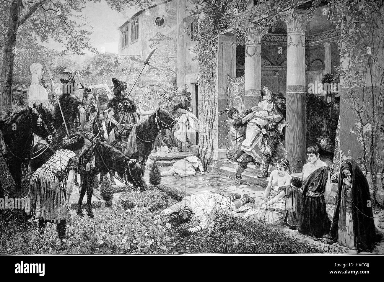 Villa romaine en Gaule saccagée par les hordes d'Attila le Hun, illustration historique, gravure sur bois Banque D'Images