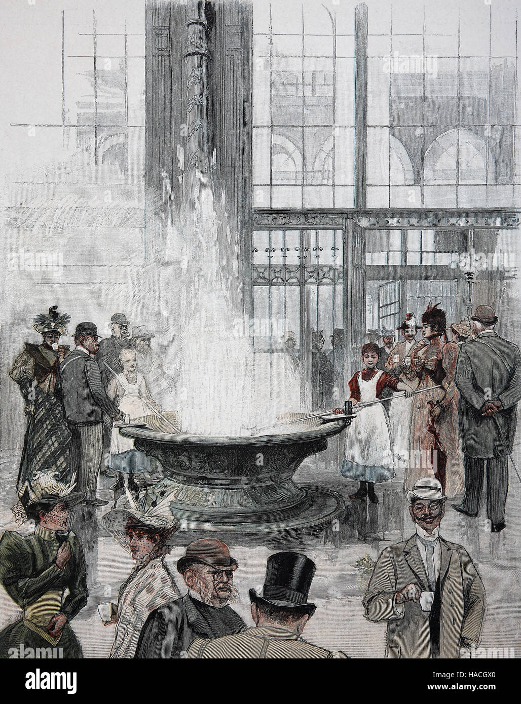 Karlovy Vary ou Carlsbad, Karlsbad, est une ville thermale située dans l'ouest de la Bohème, en République tchèque, ici un geyser, 1880, gravure sur bois, l'illustration historique Banque D'Images