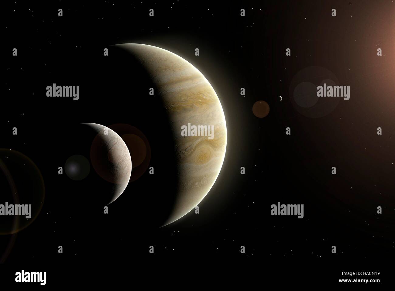 Illustration de Jupiter et de deux de ses plus gros satellites, Europa (à gauche) et Io (à droite). Europa est la plus petite des quatre lunes galiléennes de Jupiter, et la deuxième penderie à la planète. Sa surface est relativement lisse et glacée. Répercussions sur les météorites causer la fonte de la surface, permettant à l'eau pour lisser avant de geler. Io est plus proche, dans un monde volcanique, son intérieur chauffée par les forces de marée de Jupiter. Banque D'Images