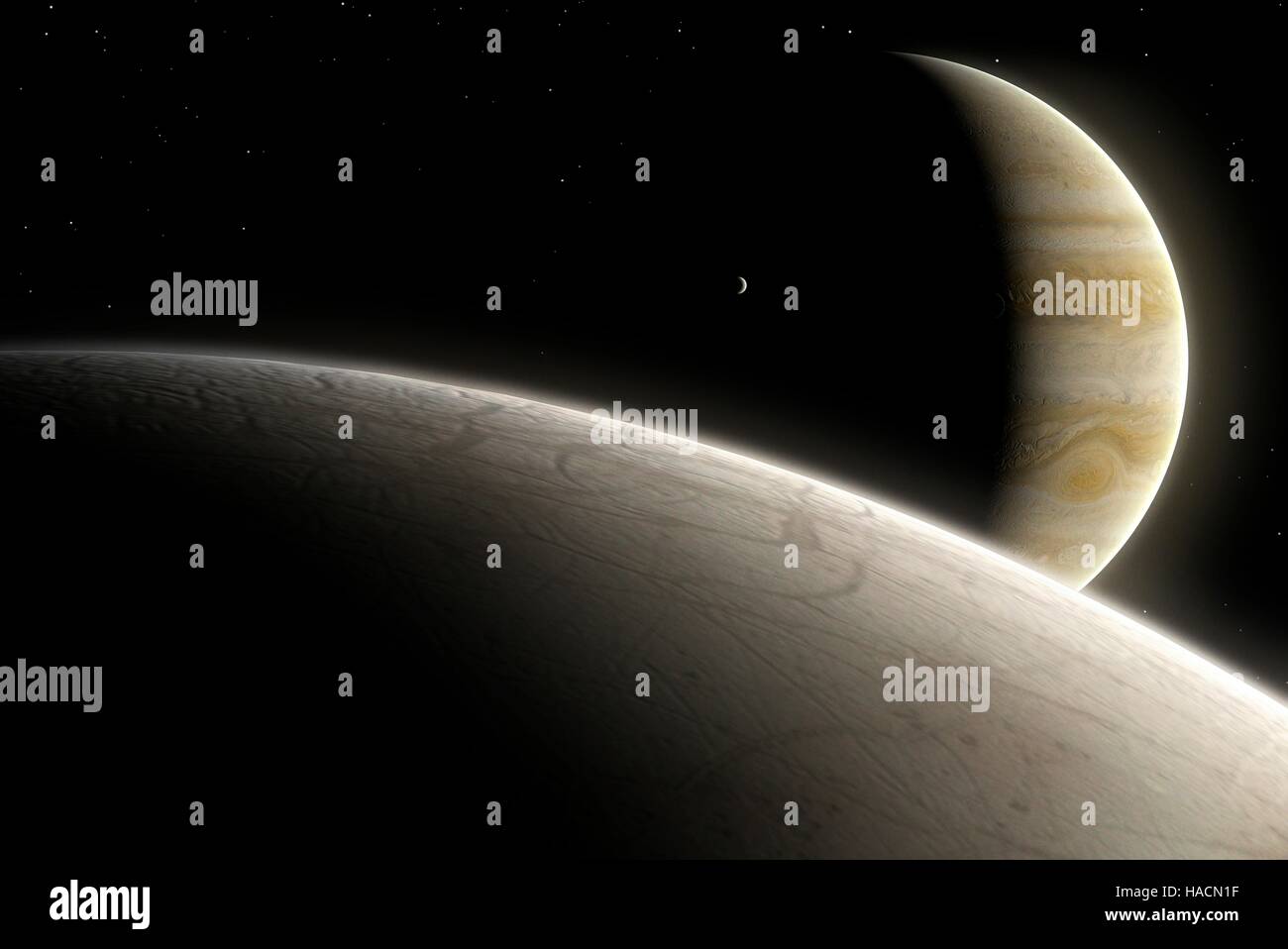 Europa est la plus petite des quatre lunes galiléennes de Jupiter, et le deuxième plus proche de la planète. Sa surface est relativement lisse et glacée. Répercussions sur les météorites causer la fonte de la surface, permettant à l'eau pour lisser avant de geler. Il existe une preuve de grande échelle de la glace, peut-être appuyée par un manteau liquide et conduit par des procédés thermiques à l'intérieur de la lune. Io est également considérée, contre le côté nocturne de Kupiter. Banque D'Images