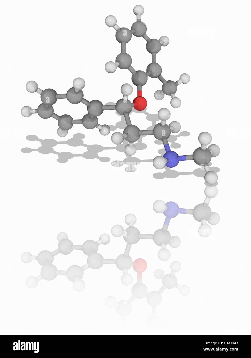 L'atomoxétine. Le modèle moléculaire du médicament atomoxetine (C17.H21.N.O). Ce médicament est utilisé dans le traitement du trouble d'hyperactivité avec déficit de l'attention (THADA). Les atomes sont représentés comme des sphères et sont codés par couleur : carbone (gris), l'hydrogène (blanc), l'azote (bleu) et d'oxygène (rouge). L'illustration. Banque D'Images