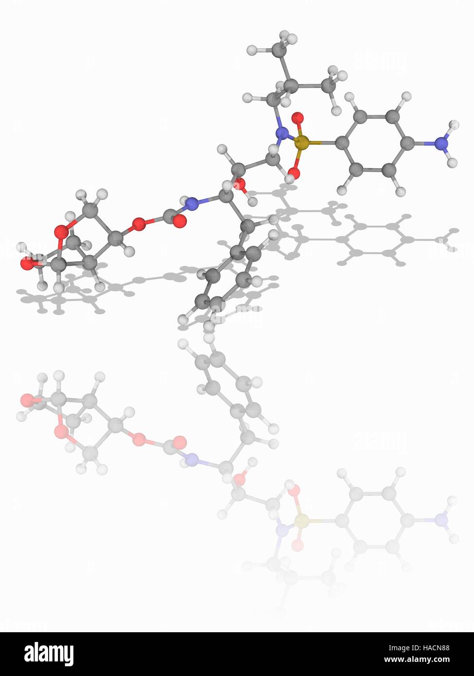 Le darunavir. Le modèle moléculaire du médicament darunavir (C27.H37.N3.O7.S). Il s'agit d'une deuxième génération d'inhibiteur de protéase utilisé pour traiter le VIH (virus de l'immunodéficience humaine) L'infection. Les atomes sont représentés comme des sphères et sont codés par couleur : carbone (gris), l'hydrogène (blanc), l'azote (bleu), l'oxygène (rouge) et le soufre (jaune). L'illustration. Banque D'Images