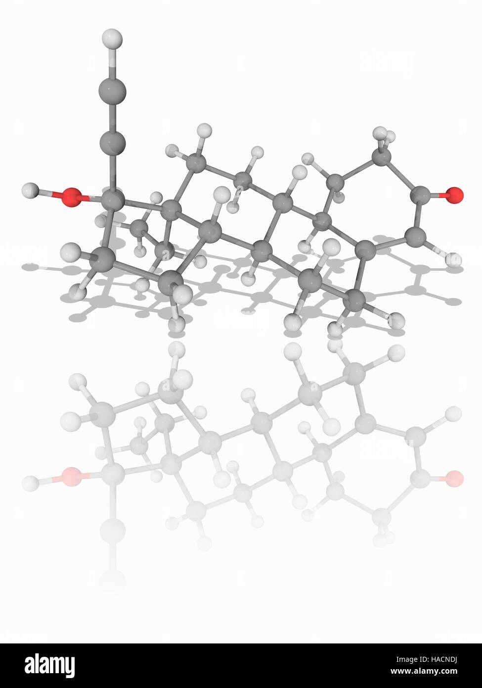 Le lévonorgestrel. Le modèle moléculaire de l'hormone de synthèse du lévonorgestrel (C21.H28.O2). Cette deuxième génération de la progestine synthétique est utilisée dans les contraceptifs hormonaux tels que la "pilule du lendemain". Les atomes sont représentés comme des sphères et sont codés par couleur : carbone (gris), l'hydrogène (blanc) et d'oxygène (rouge). L'illustration. Banque D'Images