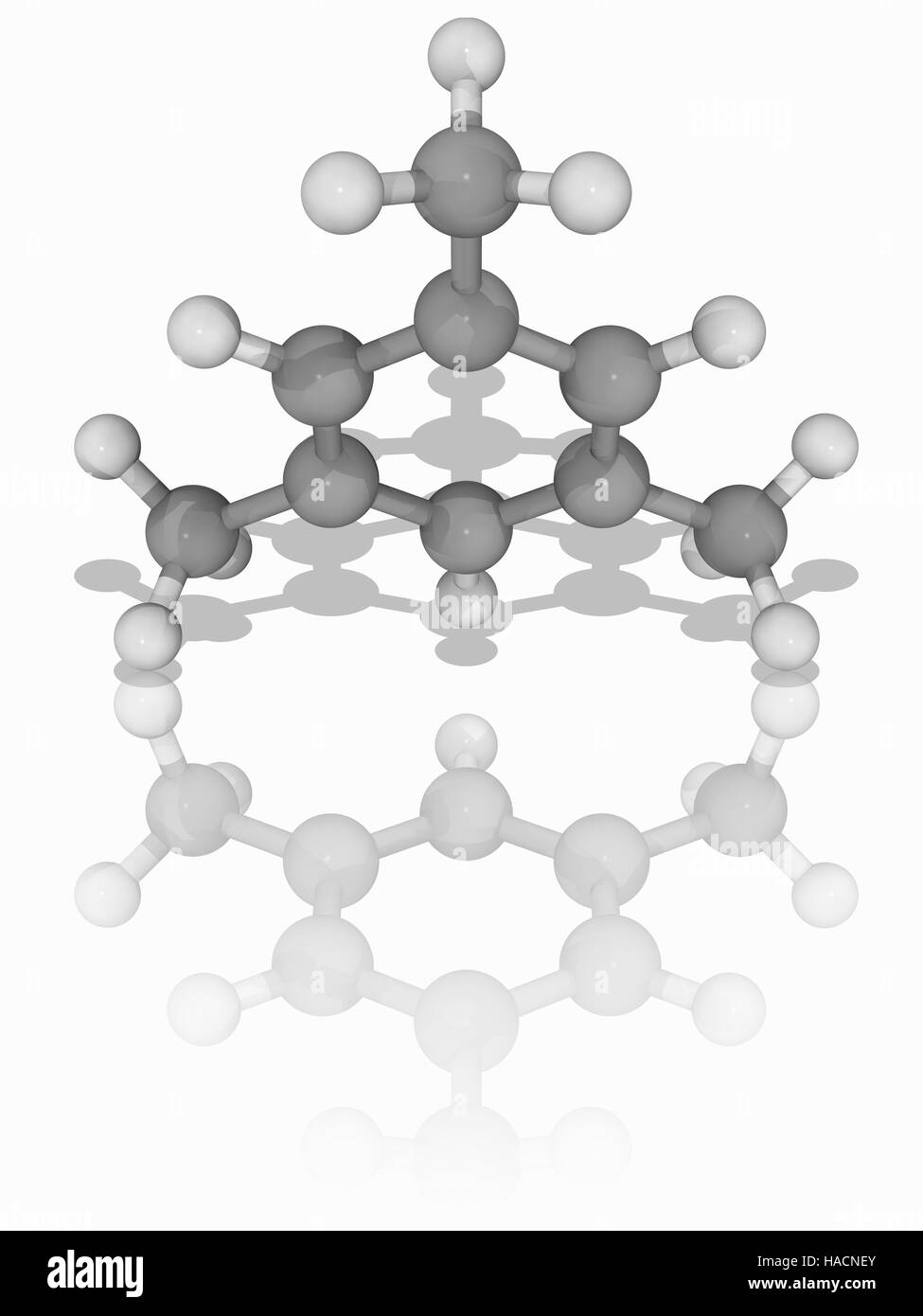 Mésitylène. Le modèle moléculaire du composé d'hydrocarbures d'alkylbenzène mésitylène (C9.H12), un dérivé du benzène avec trois substituants méthyles. Du goudron de houille obtenue traditionnellement, il est utilisé comme solvant dans le laboratoire. Les atomes sont représentés comme des sphères et sont codés par couleur : carbone (gris) et l'hydrogène (blanc). L'illustration. Banque D'Images
