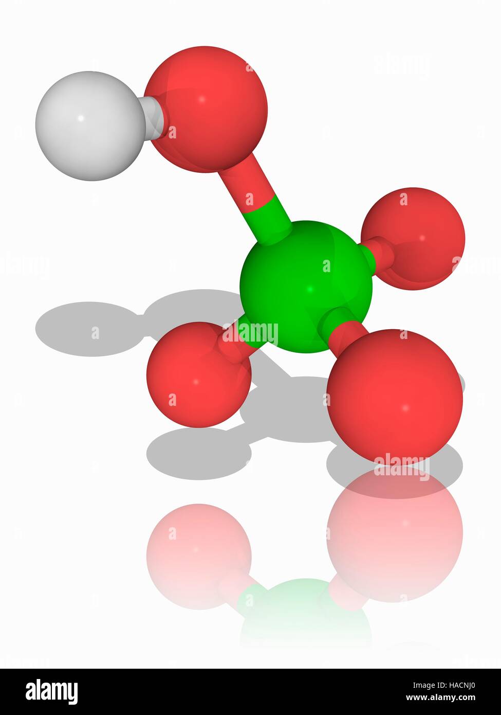 L'acide perchlorique. Le modèle moléculaire de l'agent oxydant puissant acide perchlorique (H.Cl.O4). Cet acide puissant est principalement utilisé comme un précurseur de perchlorate d'ammonium, un carburant de fusée. Les atomes sont représentés comme des sphères et sont de couleurs différentes : l'hydrogène (blanc), l'oxygène (rouge) et le chlore (vert). L'illustration. Banque D'Images