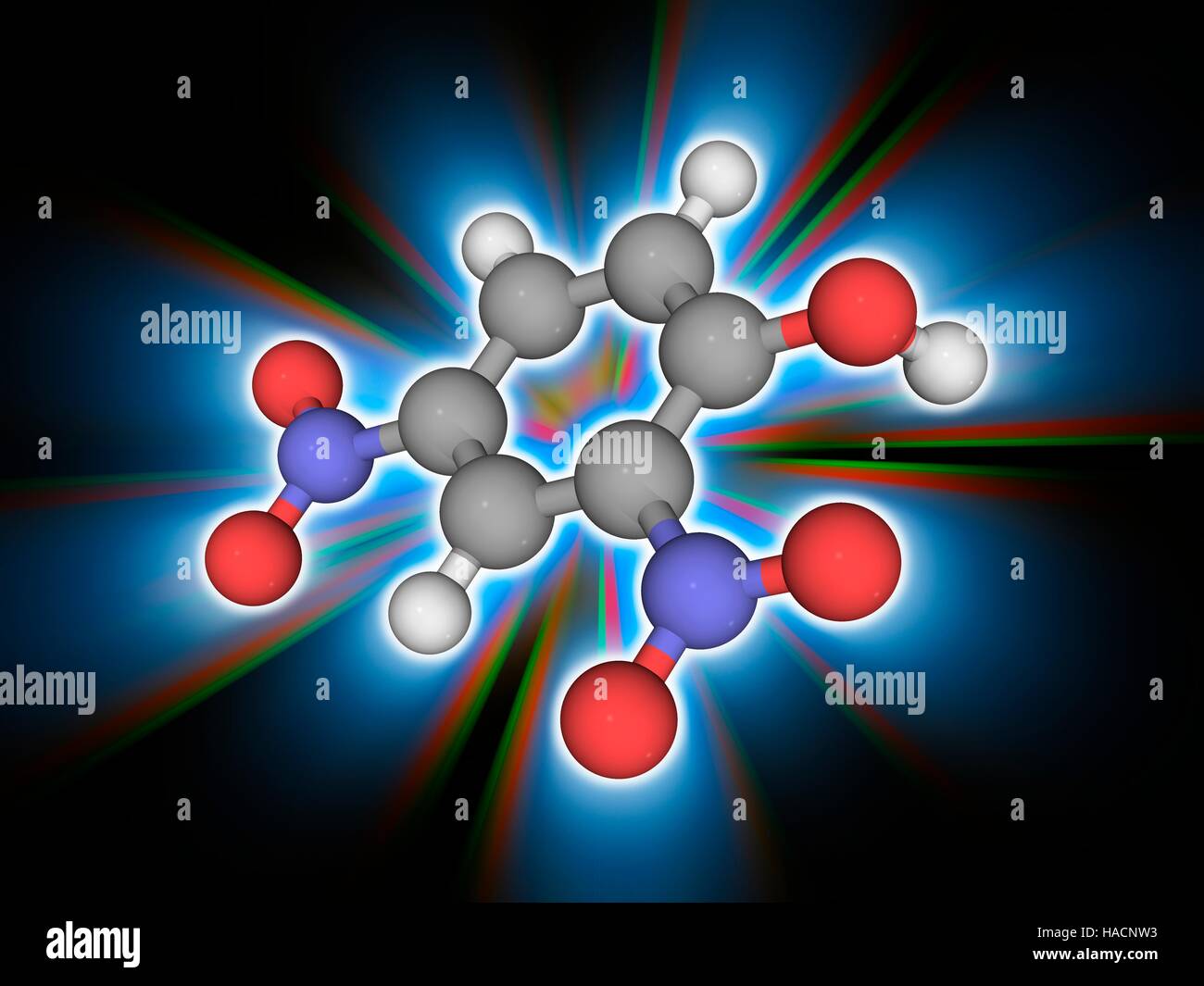 2, 4-dinitrophénol. Le modèle moléculaire du composé organique nitrobenzène 2, 4-dinitrophénol (C6.H4.N2.O5). Les atomes sont représentés comme des sphères et sont codés par couleur : carbone (gris), l'hydrogène (blanc), l'azote (bleu) et d'oxygène (rouge). Le dinitrophénol est utilisé dans la production d'explosifs, des pesticides et la préservation du bois. Il est également utilisé comme un régime de l'aide, car elle augmente le métabolisme, mais cette utilisation est interdite dans la plupart des pays l'illustration. Banque D'Images