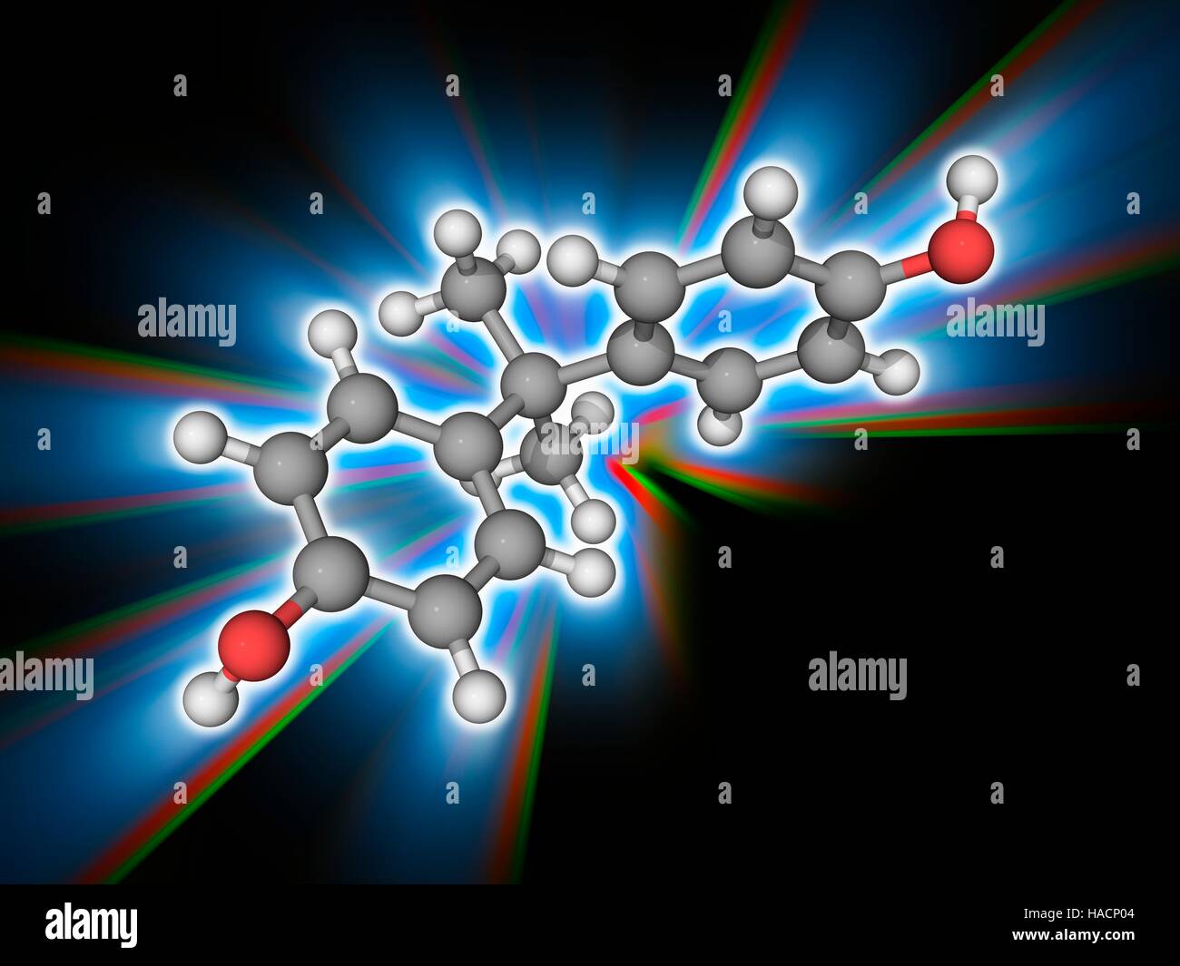 Le bisphénol A. Le modèle moléculaire du composé organique le bisphénol A (BPA, C15.H16.O2). Ce produit chimique est utilisé pour fabriquer des polymères en polycarbonate et de résines époxy. Le BPA a les propriétés et les utilisations liées à certains aliments sont interdits dans plusieurs pays. Les atomes sont représentés comme des sphères et sont codés par couleur : carbone (gris), l'hydrogène (blanc) et d'oxygène (rouge). L'illustration. Banque D'Images