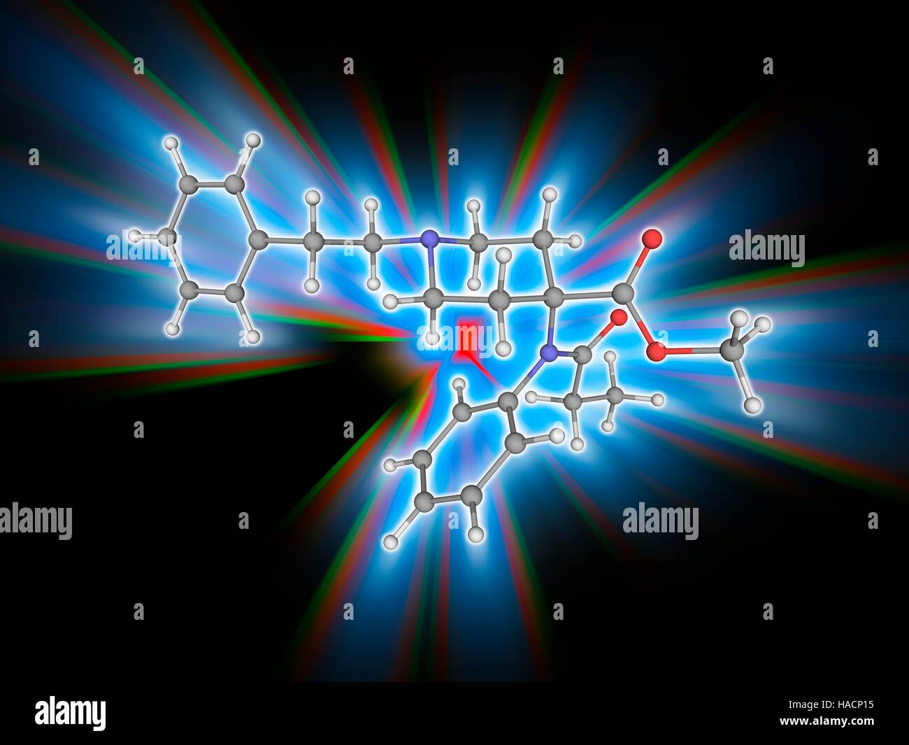 Carfentanil. Le modèle moléculaire du médicament antalgique (carfentanil.C24 H30.N2.O3). C'est un analogue de l'extrêmement puissant analgésique opioïde synthétique de fentanyl. Il est 10, 000 fois plus efficace que la morphine, et en tant que tel n'est utilisé que sur de gros animaux et pas des humains. Les atomes sont représentés comme des sphères et sont codés par couleur : carbone (gris), l'hydrogène (blanc), l'azote (bleu) et d'oxygène (rouge). L'illustration. Banque D'Images