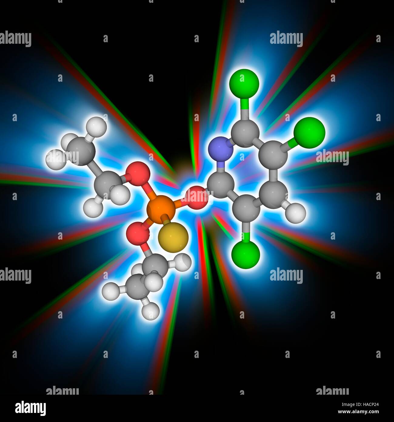Le chlorpyrifos. Le modèle moléculaire de l'insecticide organophosphoré chlorpyrifos (C9.H11.cl3.N.O3.P.S), largement utilisé dans l'agriculture. Il tue les insectes en agissant sur le système nerveux des insectes. Les atomes sont représentés comme des sphères et sont codés par couleur : carbone (gris), l'hydrogène (blanc), l'azote (bleu), l'oxygène (rouge), le soufre (jaune), le phosphore (orange) et le chlore (vert). L'illustration. Banque D'Images