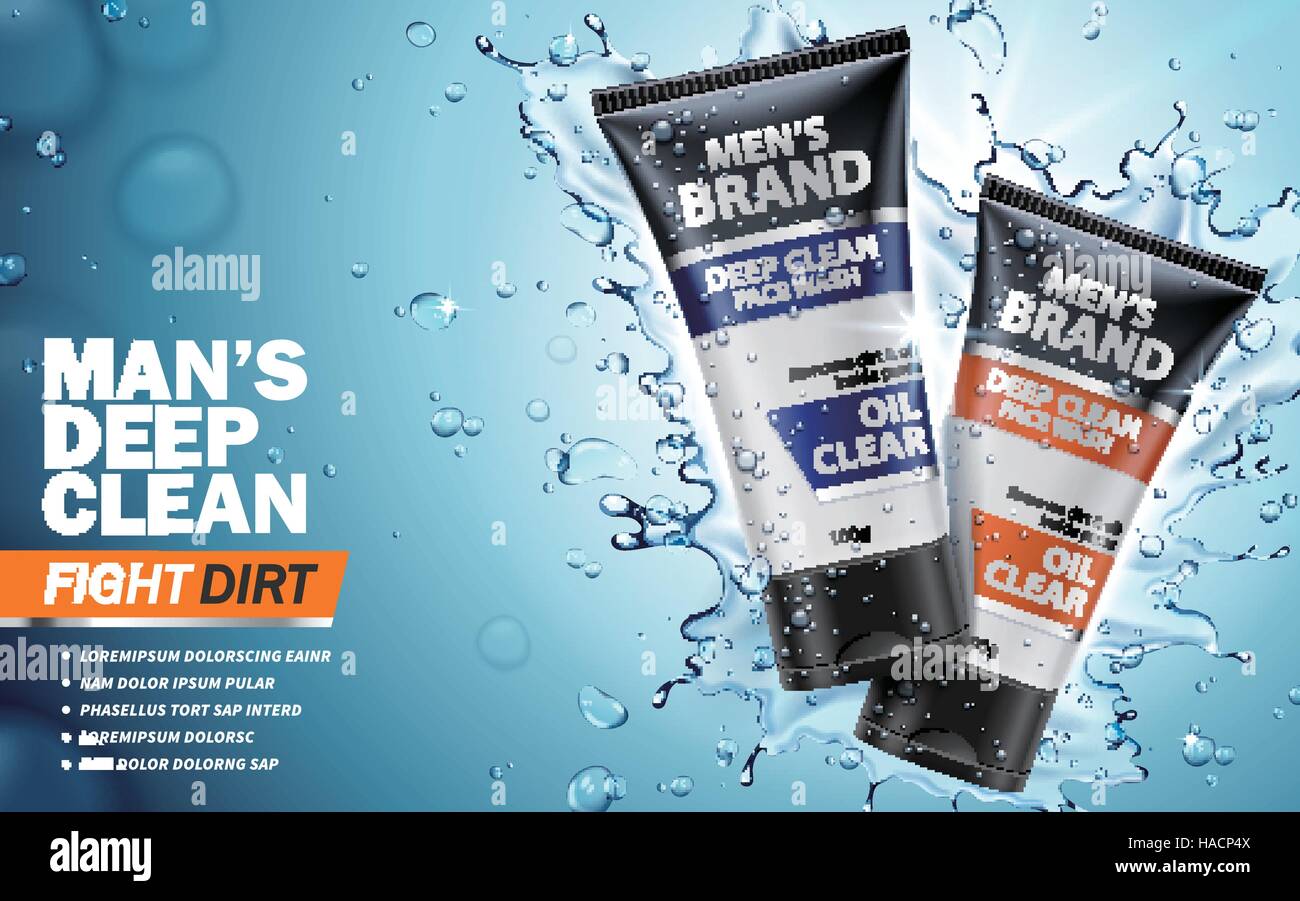 Man's deep clean lavage de visage annonce, fond bleu et de l'eau, 3d illustration Illustration de Vecteur