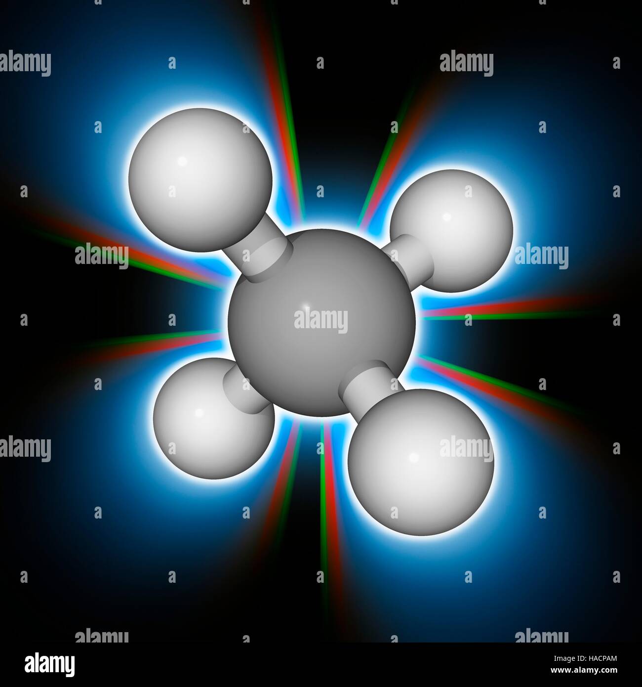 Le méthane. Le modèle moléculaire de l'alcane et hydrocarbures gazeux le méthane (CH4). C'est la principale composante du gaz naturel. C'est le plus simple des alcanes. Les atomes sont représentés comme des sphères et sont codés par couleur : carbone (gris) et l'hydrogène (blanc). L'illustration. Banque D'Images