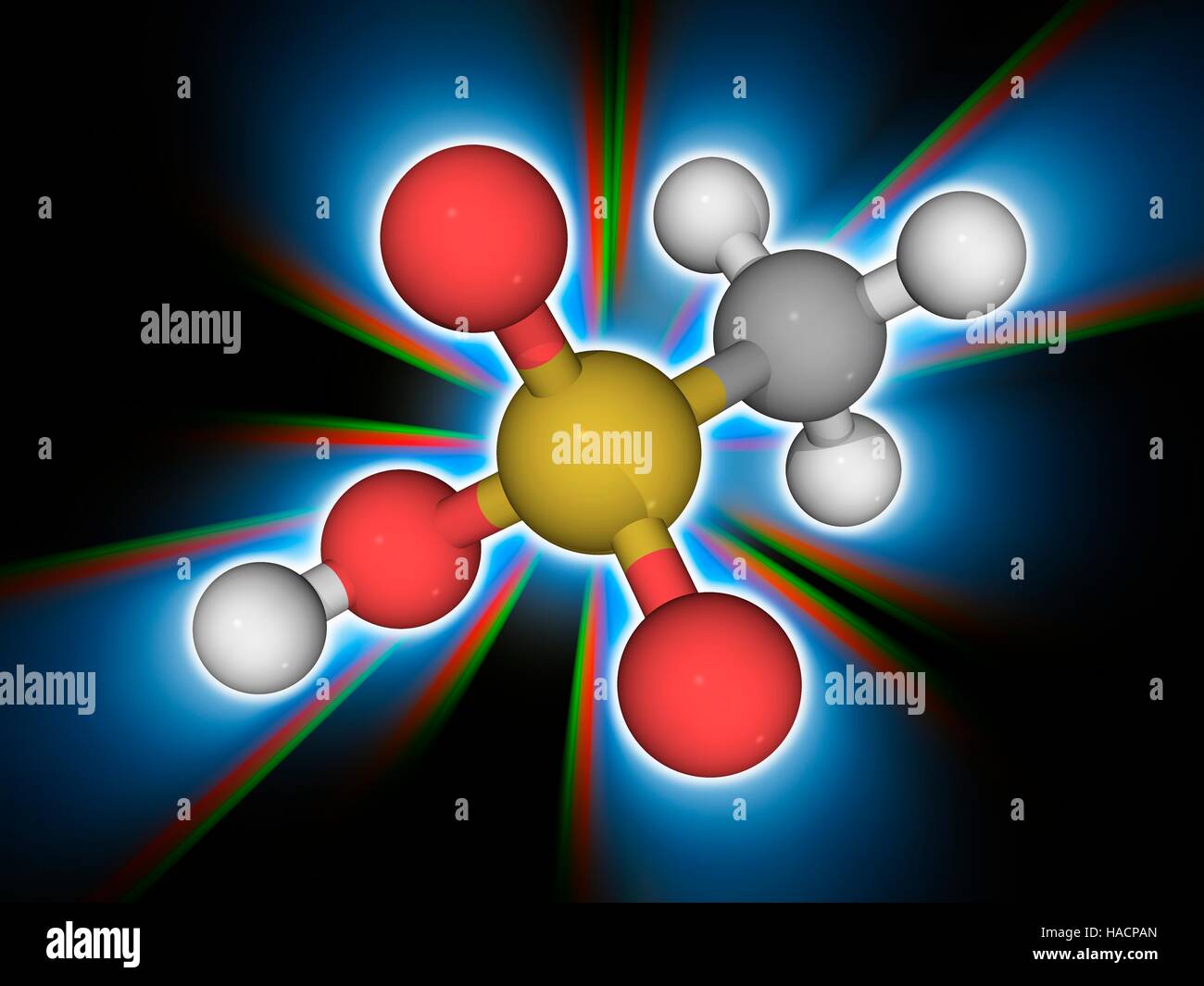 L'acide méthanesulfonique. Le modèle moléculaire de l'acide méthanesulfonique composé organique (CH4.O3.S). Ce liquide incolore d'un acide fort est utilisé comme catalyseur dans des réactions organiques. Les atomes sont représentés comme des sphères et sont codés par couleur : carbone (gris), l'hydrogène (blanc), l'oxygène (rouge) et le soufre (jaune). L'illustration. Banque D'Images