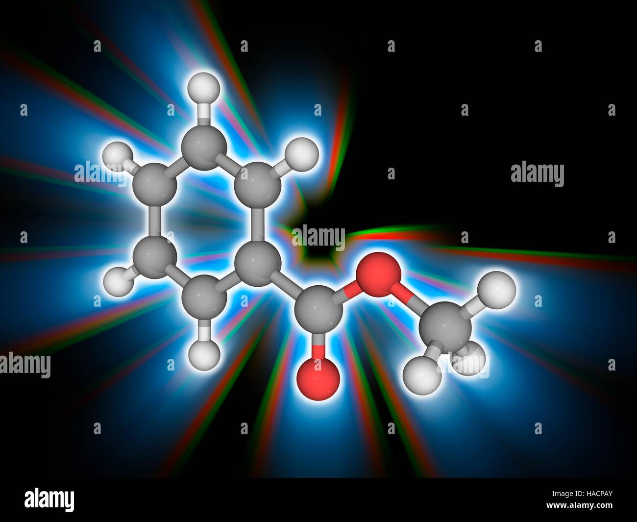 Le benzoate de méthyle. Le modèle moléculaire du composé organique benzoate de méthyle (C8.H8.O2). Cette substance a une odeur semblable à celle du fruit de l'arbre de feijoa. Il est utilisé dans l'industrie du parfum, comme solvant et comme pesticide. Les atomes sont représentés comme des sphères et sont codés par couleur : carbone (gris), l'hydrogène (blanc) et d'oxygène (rouge) Illustration. Banque D'Images