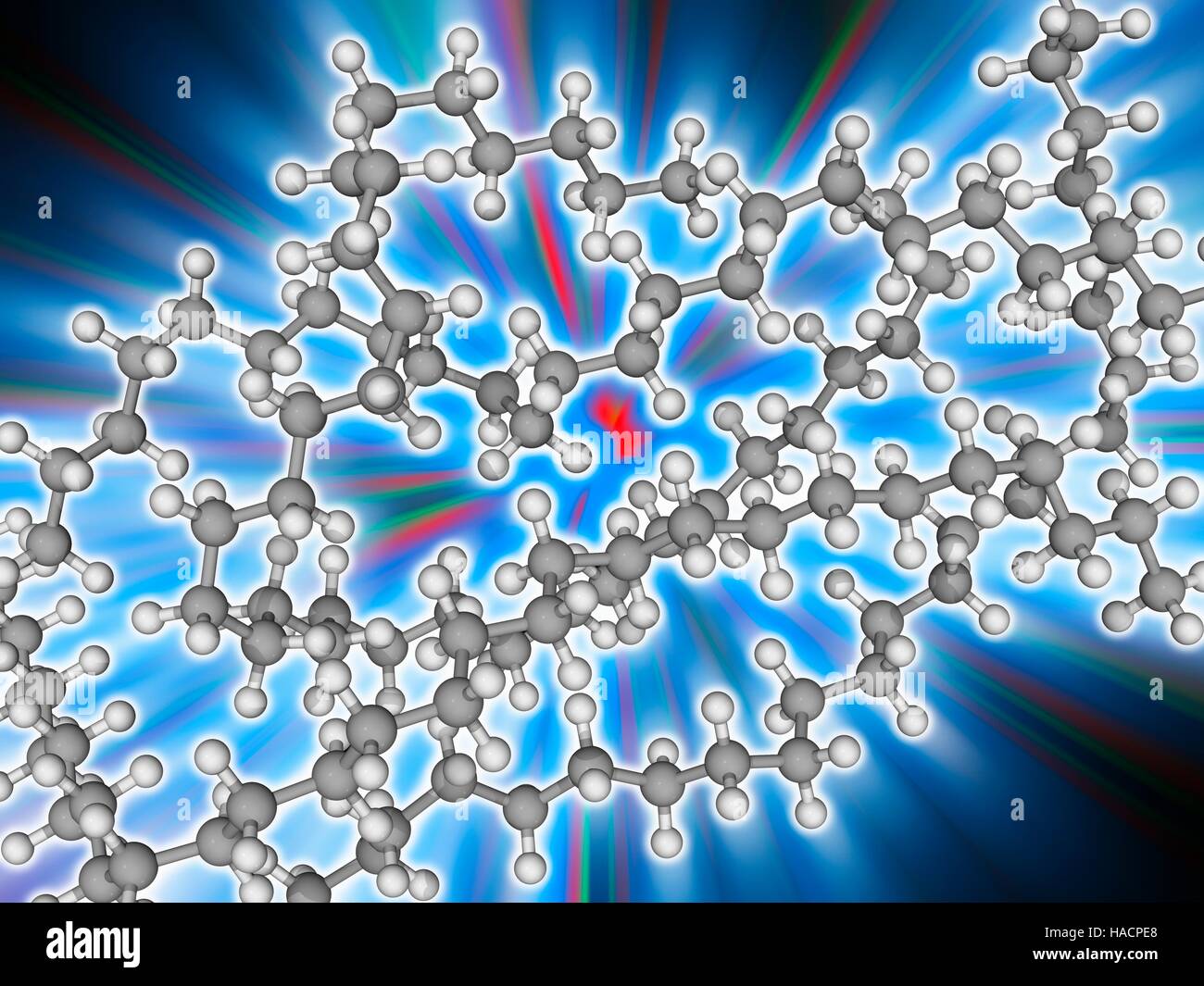 Le polyéthylène. Le modèle moléculaire du polyéthylène polymère thermoplastique, composé de longues chaînes de l'éthylène monomère. L'unité de base est C2.H4. Ce polymère est également connu sous le nom de polyéthylène et de polyéthylène. Les atomes sont représentés comme des sphères et sont codés par couleur : carbone (gris) et l'hydrogène (blanc). L'illustration. Banque D'Images