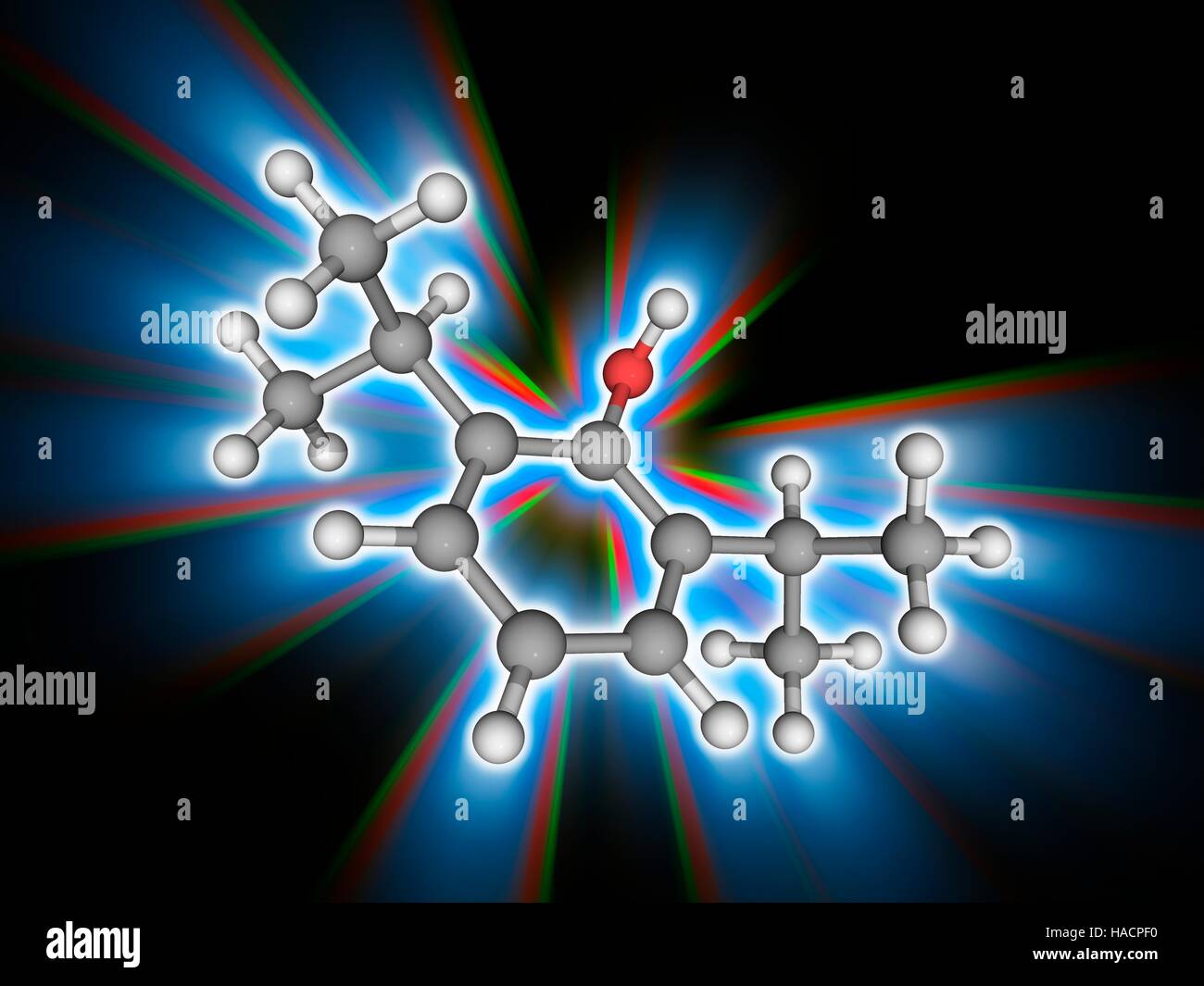 Le propofol. Le modèle moléculaire de l'hypnotique de courte durée d'action du propofol (C12.H18.O), utilisé dans l'induction et l'entretien de l'anesthésie générale. Les atomes sont représentés comme des sphères et sont codés par couleur : carbone (gris), l'hydrogène (blanc) et d'oxygène (rouge). L'illustration. Banque D'Images