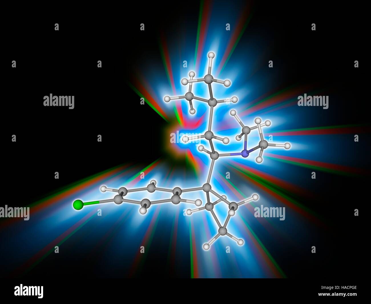 La sibutramine. Le modèle moléculaire de la sibutramine (C17.H26.Cl.N), un modérateur d'appétit agissant comme un neurotransmetteur sérotonine et utilisé pour traiter l'obésité. Les atomes sont représentés comme des sphères et sont codés par couleur : carbone (gris), l'hydrogène (blanc), l'azote (bleu) et le chlore (vert). L'illustration. Banque D'Images