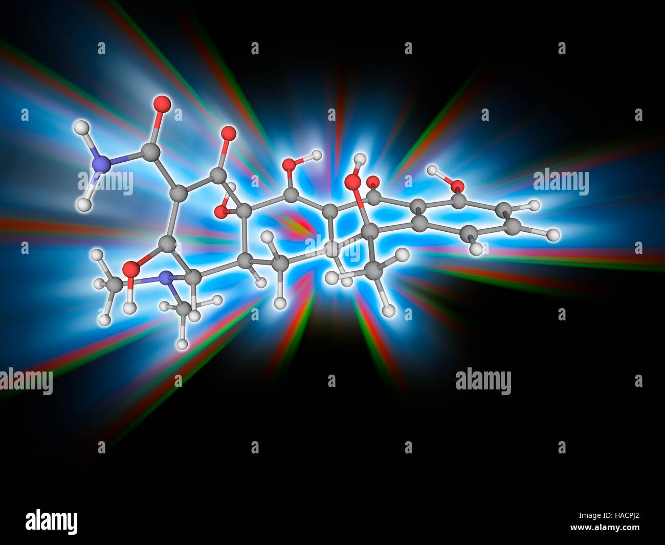 La tétracycline. Le modèle moléculaire de la tétracycline (C22.H24.N2.O8), un antibiotique à large spectre produit par la bactérie Streptomyces. Les atomes sont représentés comme des sphères et sont codés par couleur : carbone (gris), l'hydrogène (blanc), l'azote (bleu) et d'oxygène (rouge). L'illustration. Banque D'Images