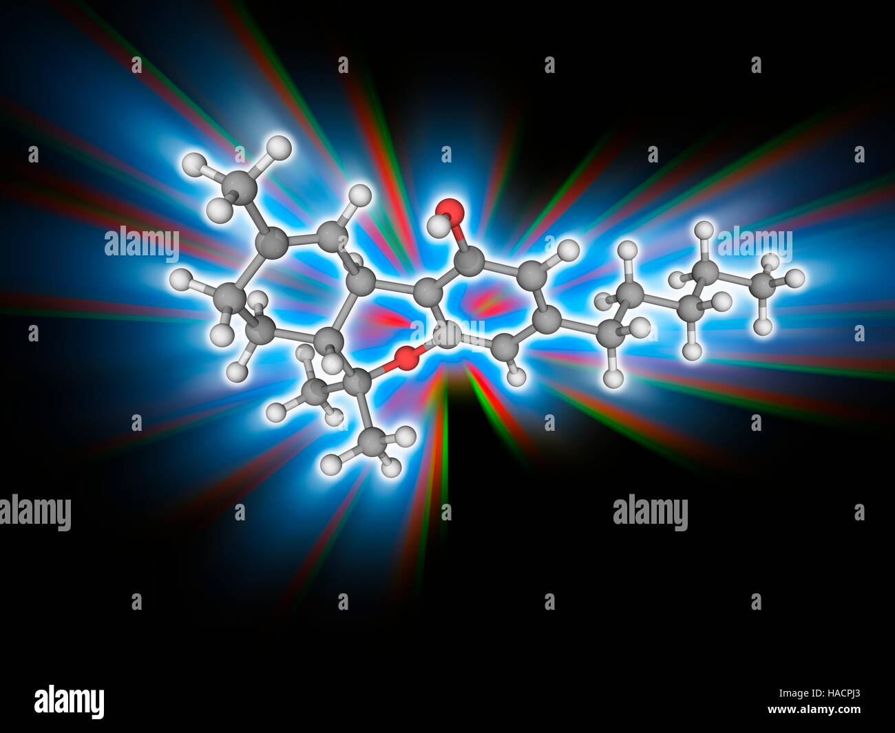 Tétrahydrocannabinol. Le modèle moléculaire de tétrahydrocannabinol (THC, C21.H30.O2), le principal composant psychoactif du cannabis. Les atomes sont représentés comme des sphères et sont codés par couleur : carbone (gris), l'hydrogène (blanc) et d'oxygène (rouge). L'illustration. Banque D'Images