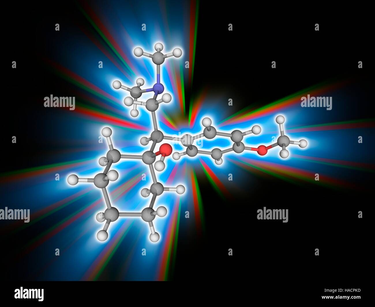 La venlafaxine. Le modèle moléculaire de l'antidépresseur venlafaxine (C17.H27.N.O2). Utilisé pour traiter la dépression, le trouble anxieux généralisé, la phobie sociale, le trouble panique et les symptômes vasomoteurs, c'est un inhibiteur du recaptage de la sérotonine-noradrénaline. Les atomes sont représentés comme des sphères et sont codés par couleur : carbone (gris), l'hydrogène (blanc), l'azote (bleu) et d'oxygène (rouge). L'illustration. Banque D'Images
