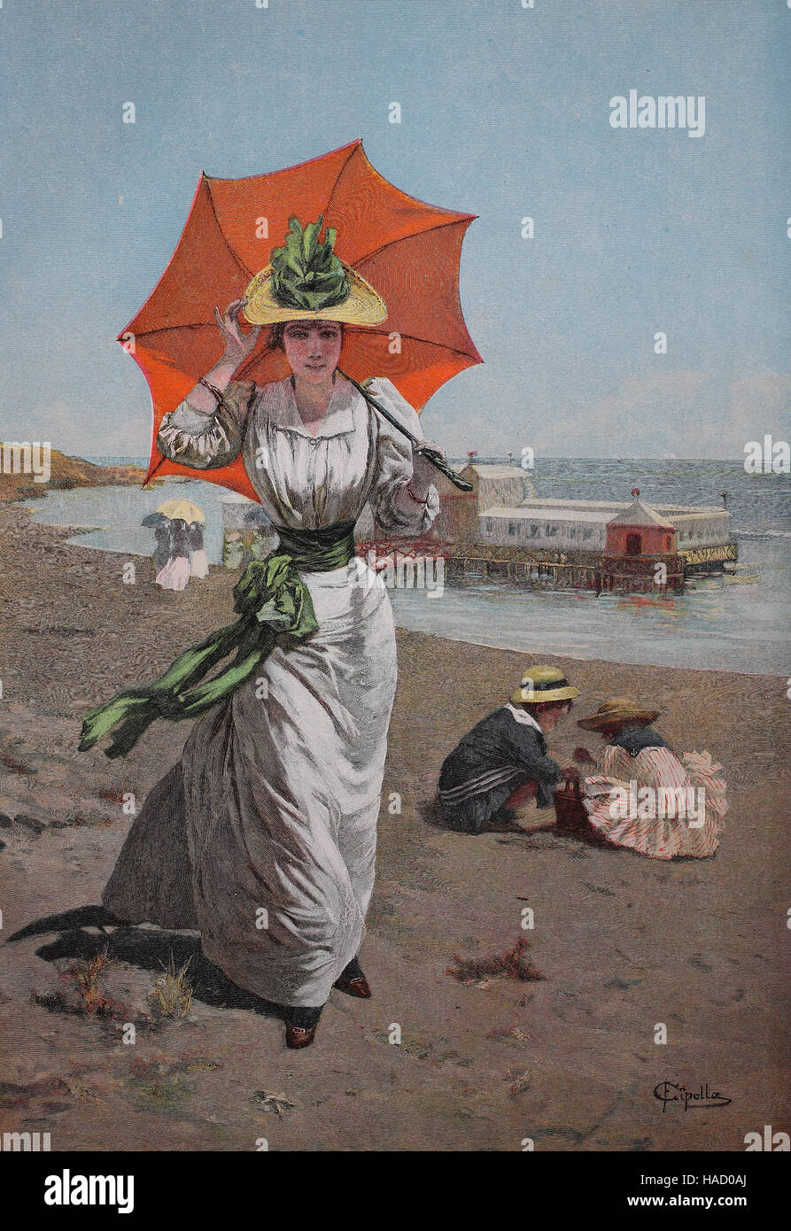 Femme élégante sur la plage de la mer Baltique, l'Allemagne, avec parapluie, illustration publié en 1880 Banque D'Images