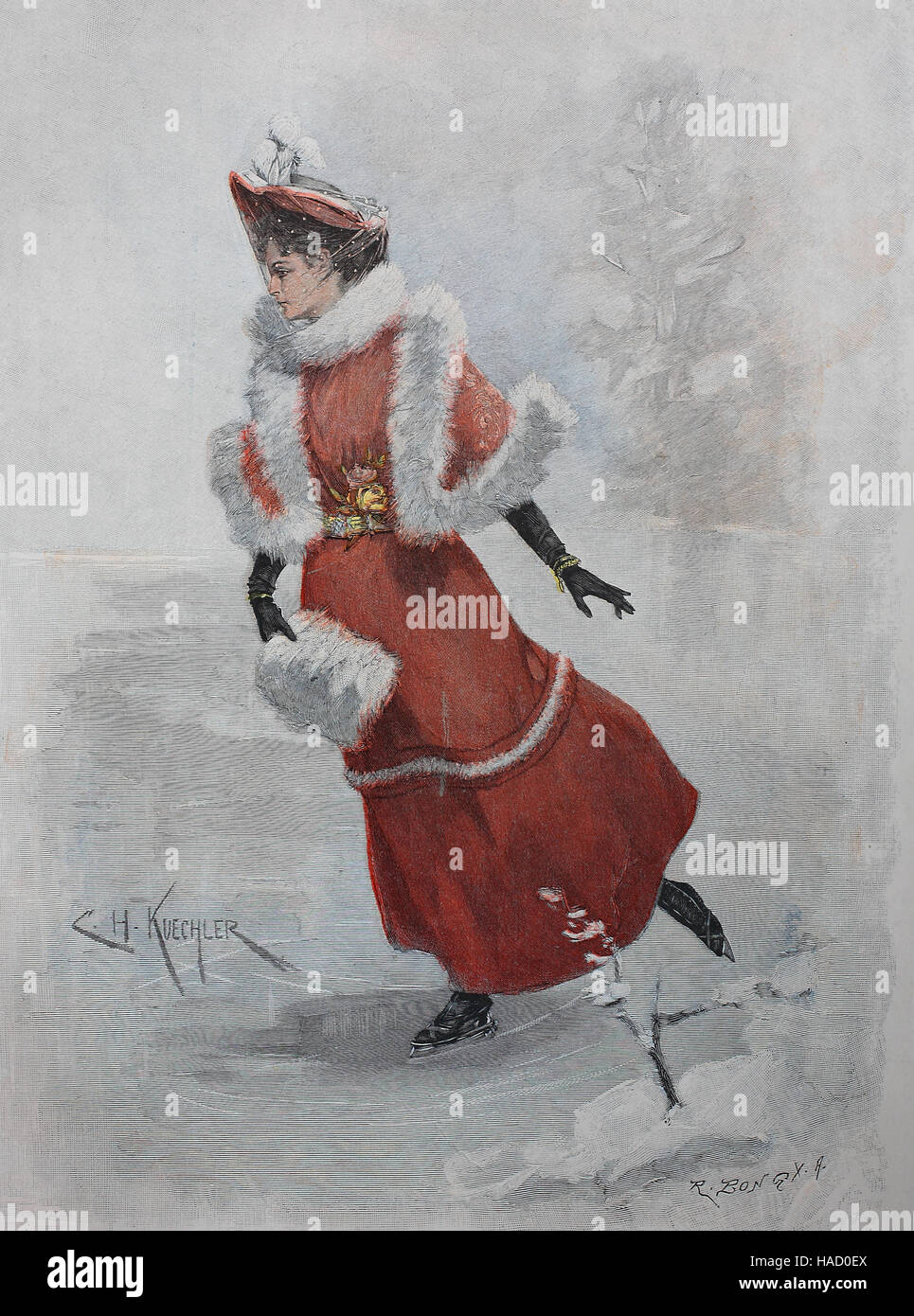 Femme de patinage avec un manteau rouge, illustration publié en 1880 Banque D'Images