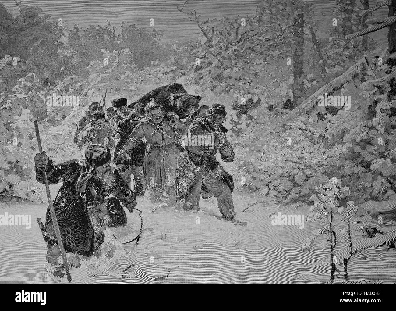 Retour de la chasse de l'ours en Russie, illustration publié en 1880 Banque D'Images