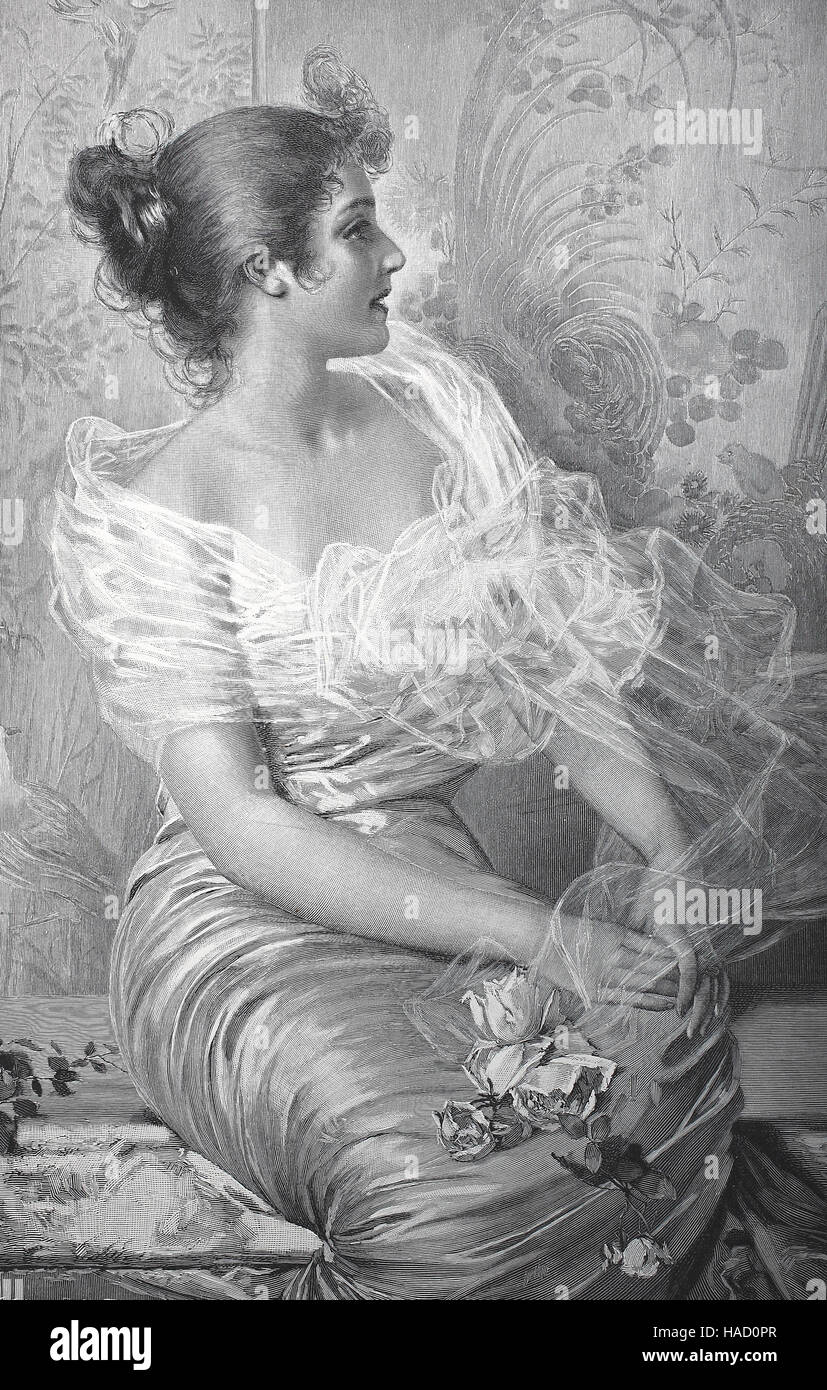 Jeune femme en robe de tulle, avec une rose dans la main, attendant que son amant, illustration publié en 1880 Banque D'Images