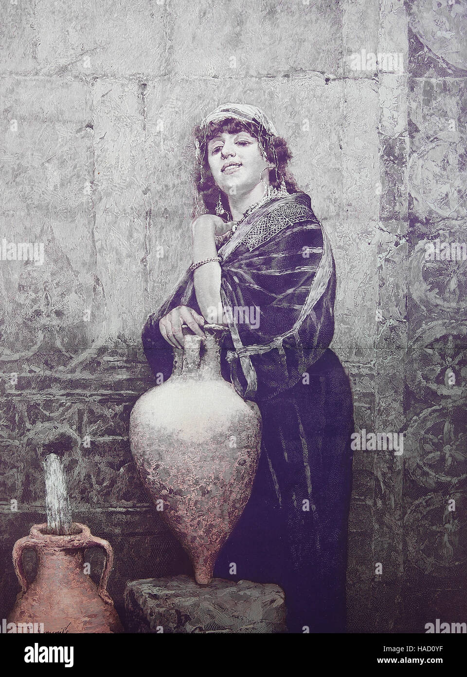 Rebecca, par R. Armenise, femme avec un grand pichet apportant l'eau à partir d'un point d'eau public, illustration publié en 1880 Banque D'Images