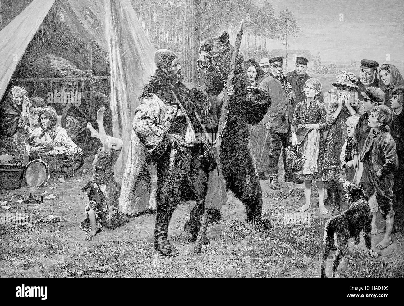 Homme avec un ours apprivoisé, souvent appelé un ours dansant, par Paul Meyersheim, illustration publié en 1880 Banque D'Images