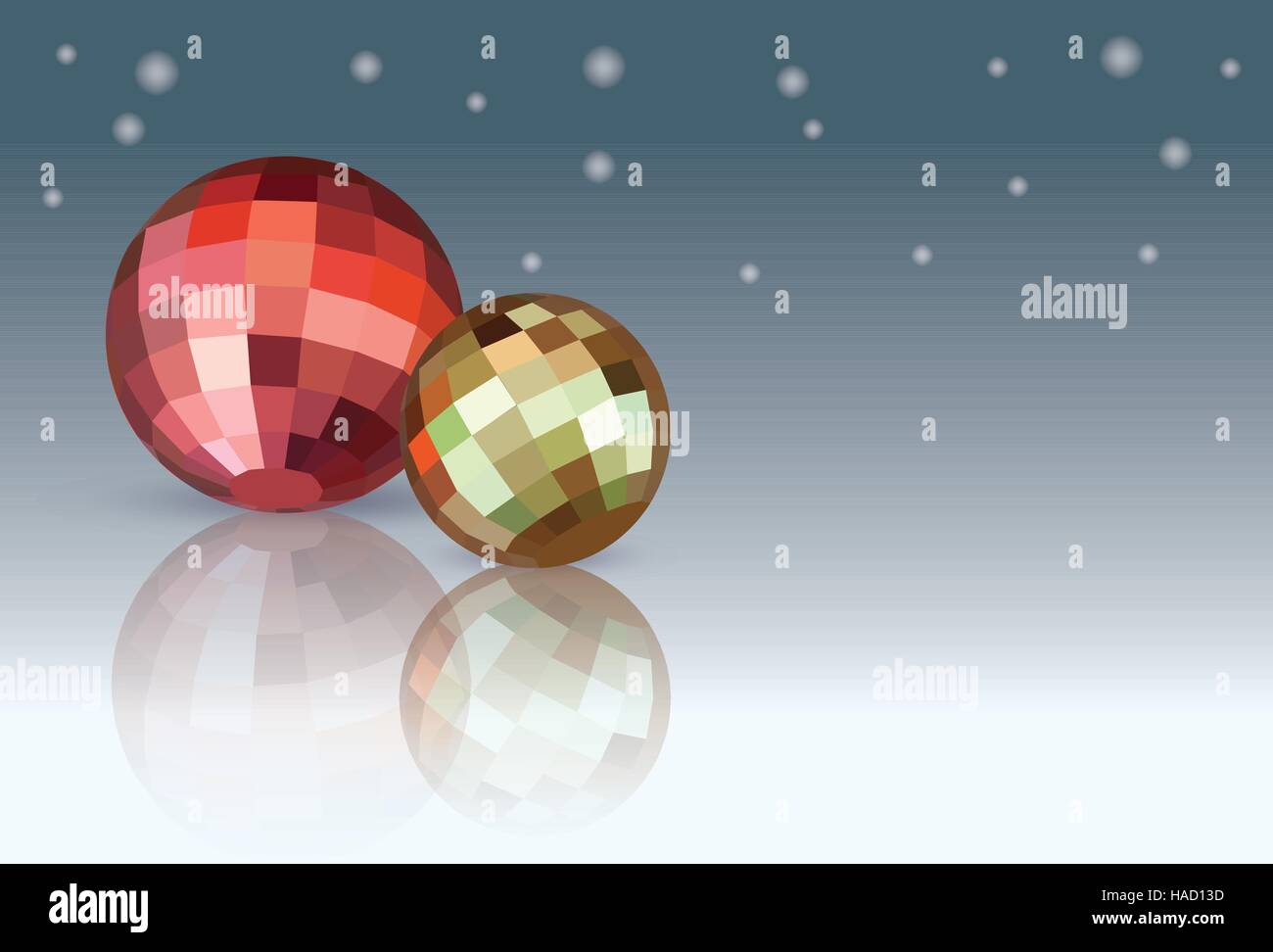 Boules de Noël rouge et jaune sur fond bleu blanc neige gradation. Illustration vecteur polygonale géométrique. Illustration de Vecteur