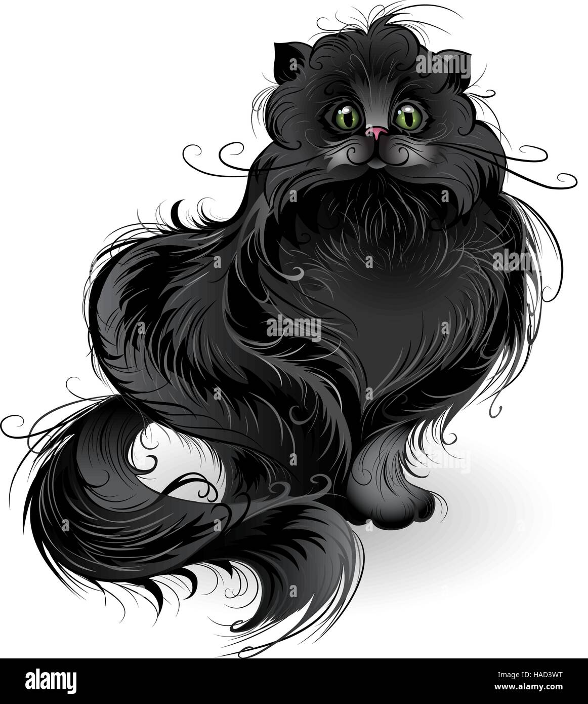 Peint artistiquement , fluffy black cat de race persane , se trouve sur un fond blanc. Illustration de Vecteur