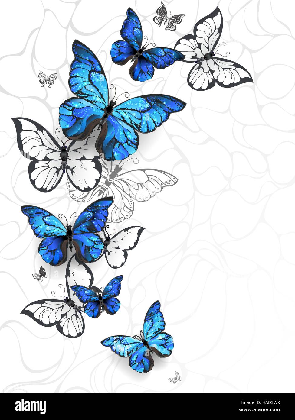 Flying Blue Morpho et papillons papillons blancs sur un fond abstrait. Morpho. Conception avec papillons bleu morpho. Illustration de Vecteur