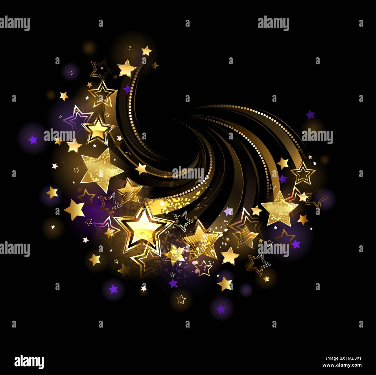 Brillant vol , étoiles d'or sur fond noir Illustration de Vecteur