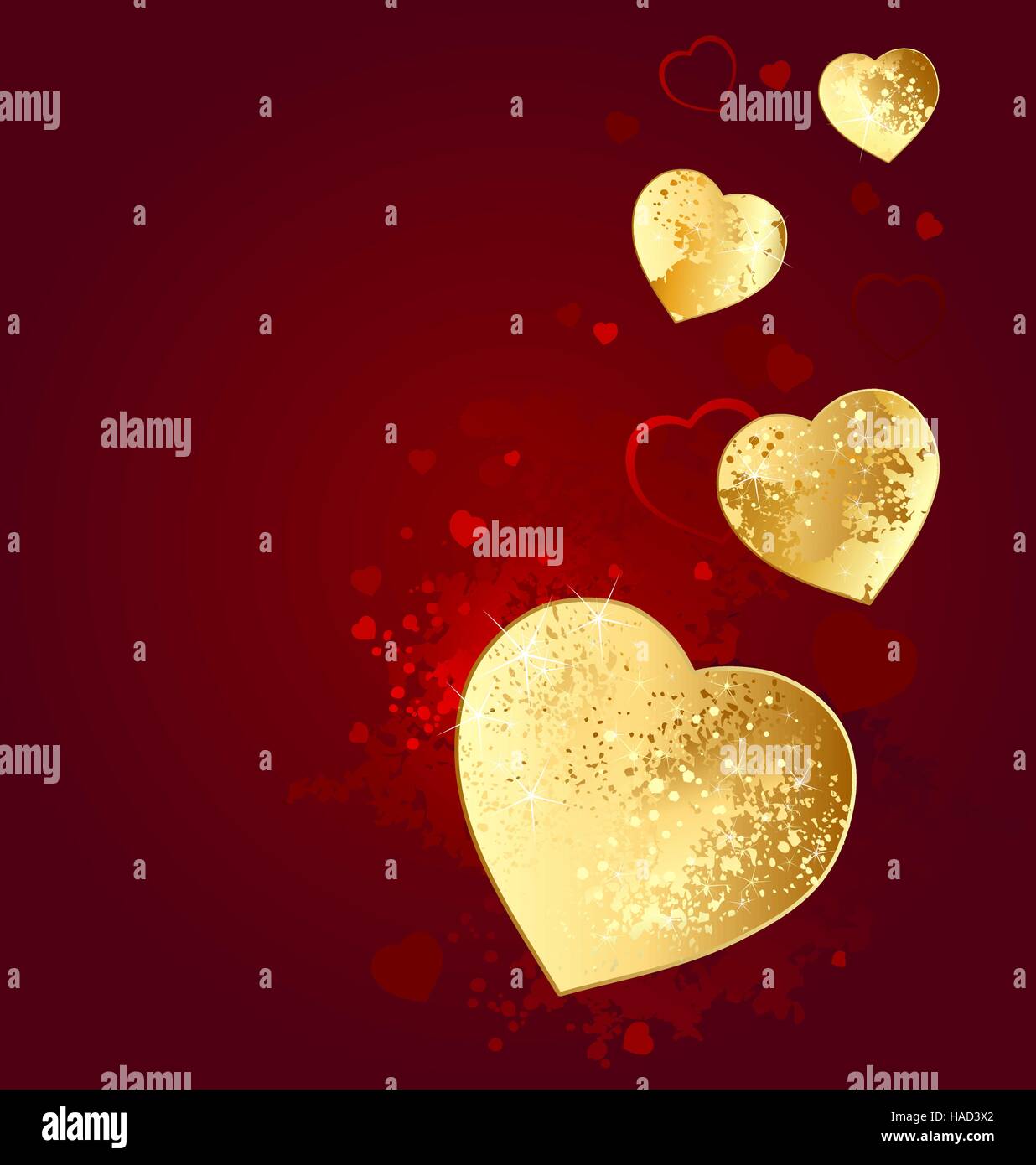 Coeur de feuille d'or sur un fond lumineux rouge. Illustration de Vecteur