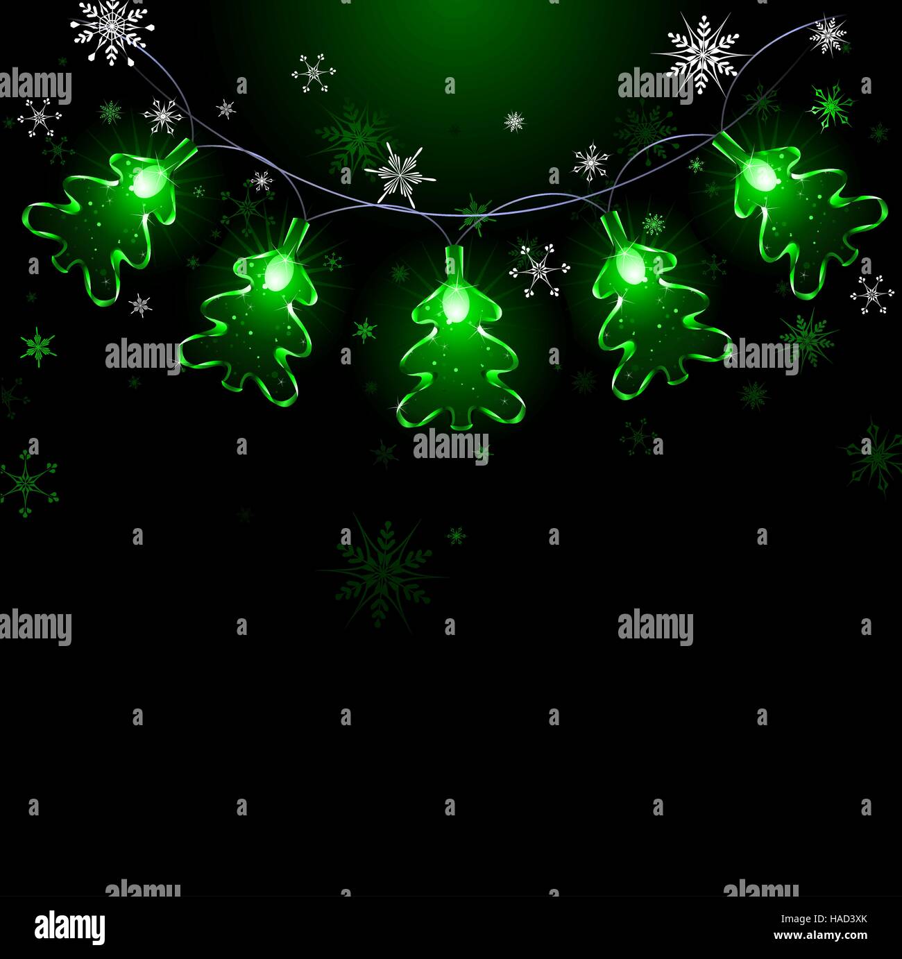 Guirlande électrique des feux verts sous la forme d'un sapin sur fond noir avec des flocons de neige. Illustration de Vecteur