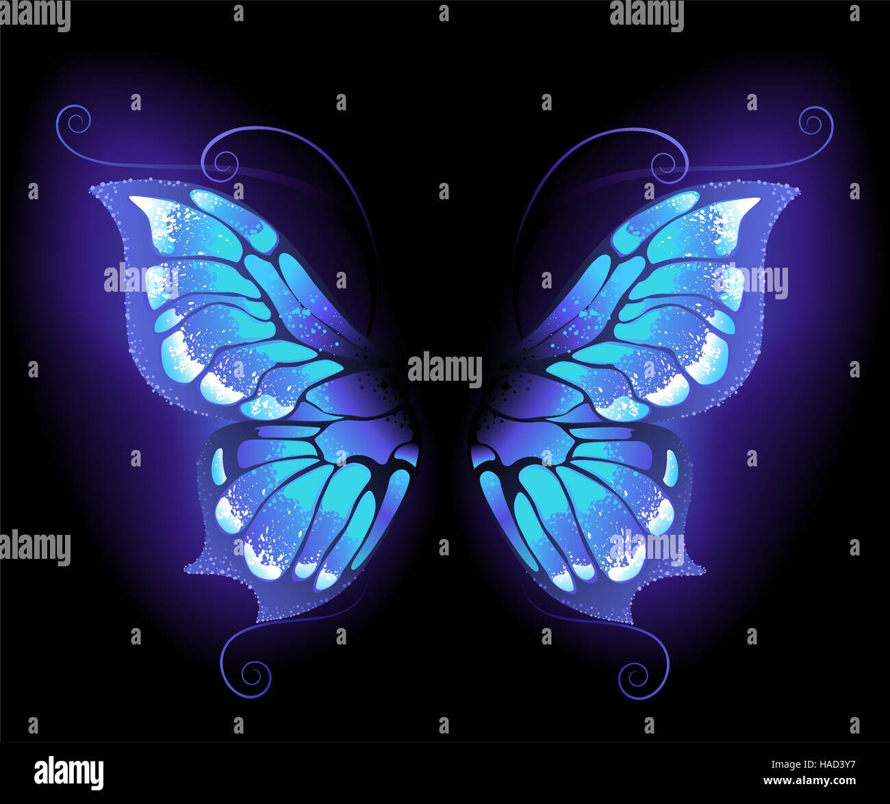 Les ailes de papillon violet, brillant sur un fond noir. Illustration de Vecteur