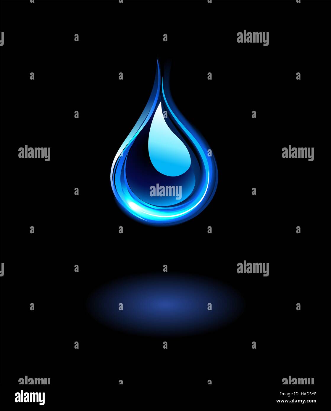 Glowing , bleu , l'eau goutte sur un fond noir. Illustration de Vecteur