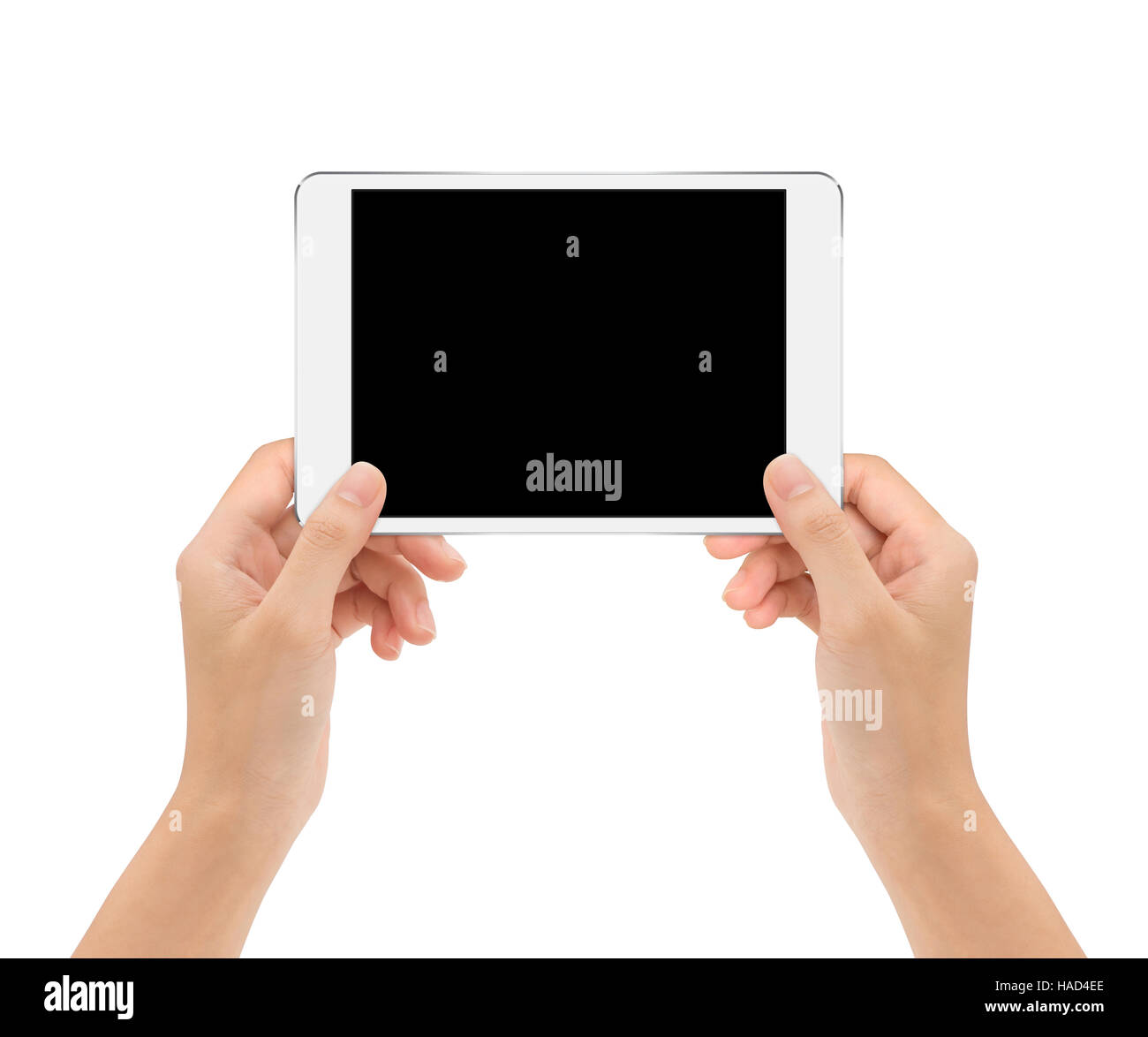 Comprimé dans woman isolated on white Chemin de coupure à l'intérieur, mock-up digital tablet Banque D'Images