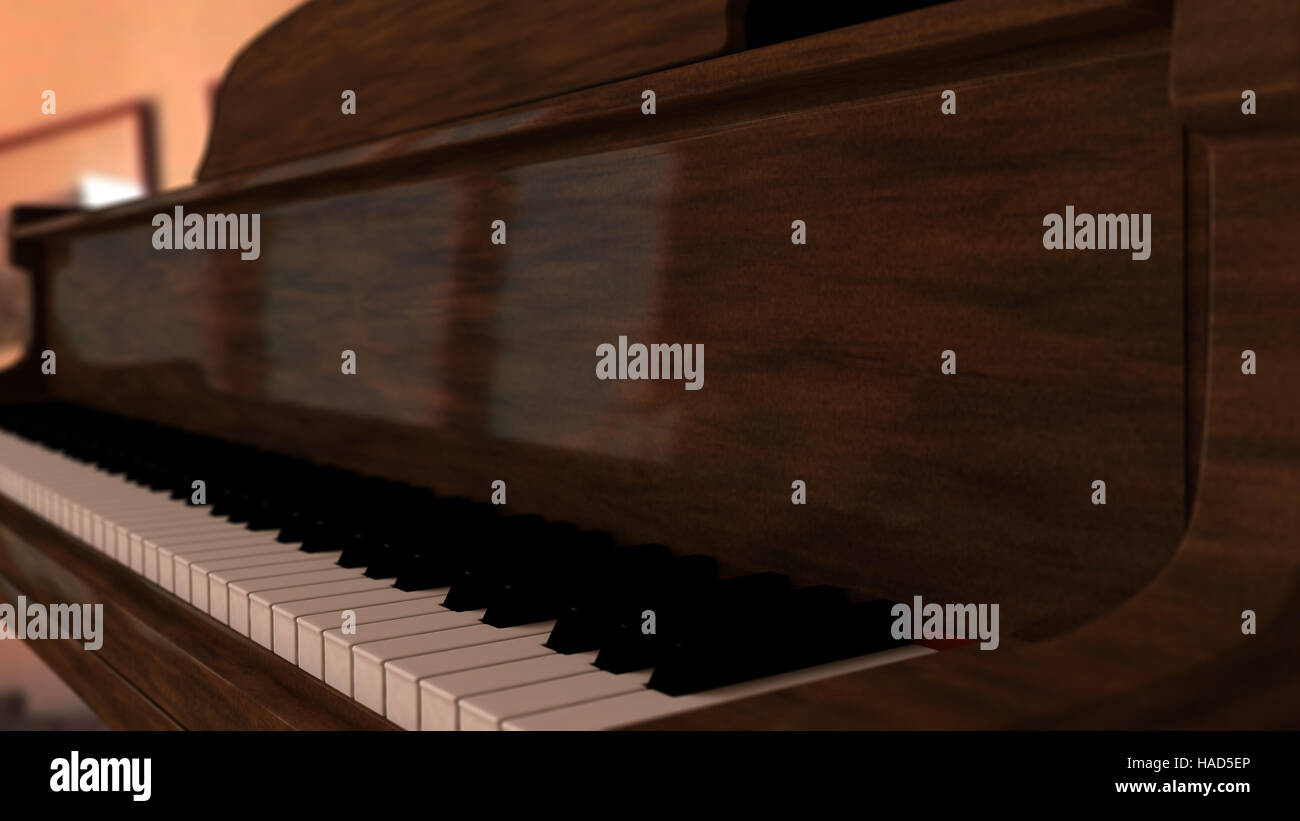 La photo est un gros plan d'un piano. Il est composé de bois marron foncé. Le Rendu 3D Banque D'Images