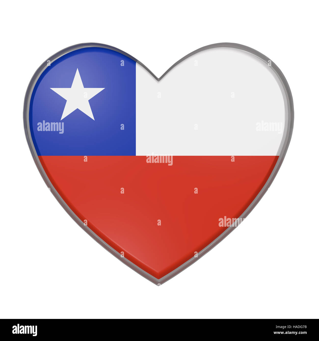 Le rendu 3D d'un chili drapeau sur un coeur. Fond blanc Banque D'Images