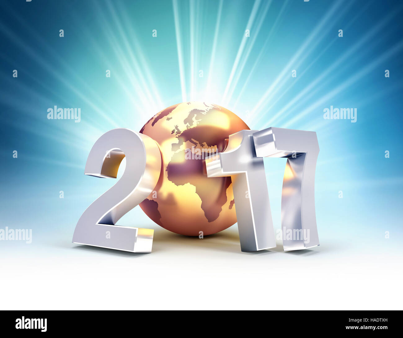 2017 Nouvelle année type composé d'un golden planète terre, sur un fond clair - 3D illustration Banque D'Images