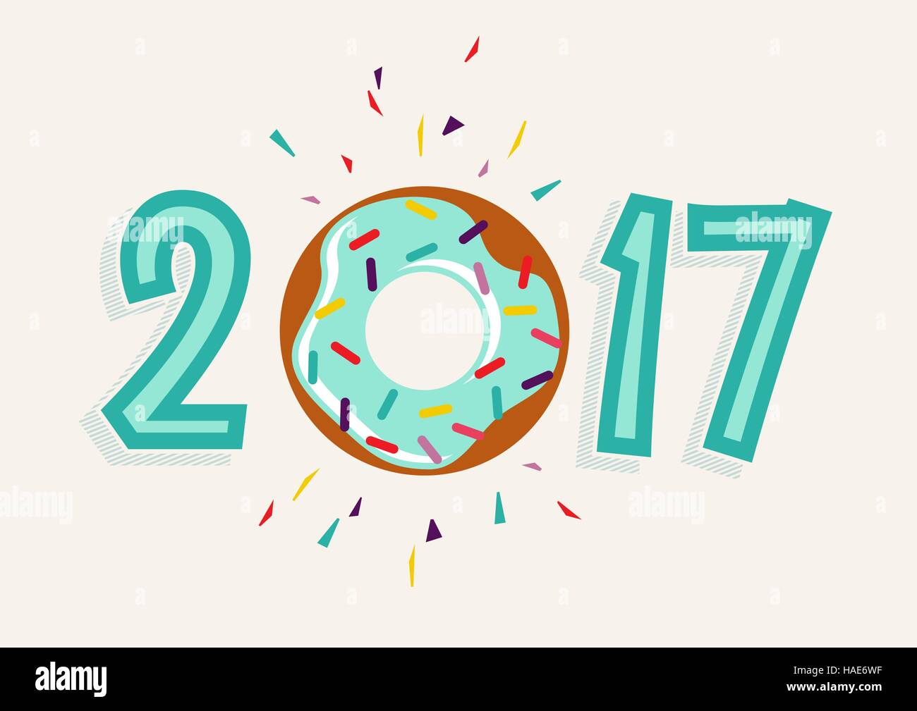 Bonne année 2017, fun typographie design avec gâteau donut sucré comme élément de numéro. Vecteur EPS10. Illustration de Vecteur