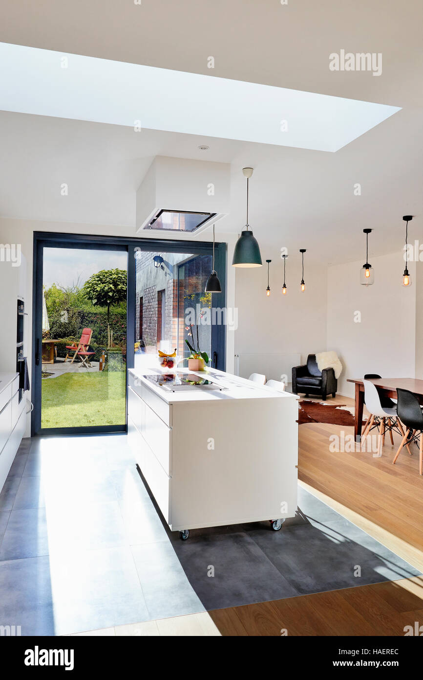 Cuisine moderne ouverte à partir de la mezzanine avec vue sur un jardin luxuriant Banque D'Images