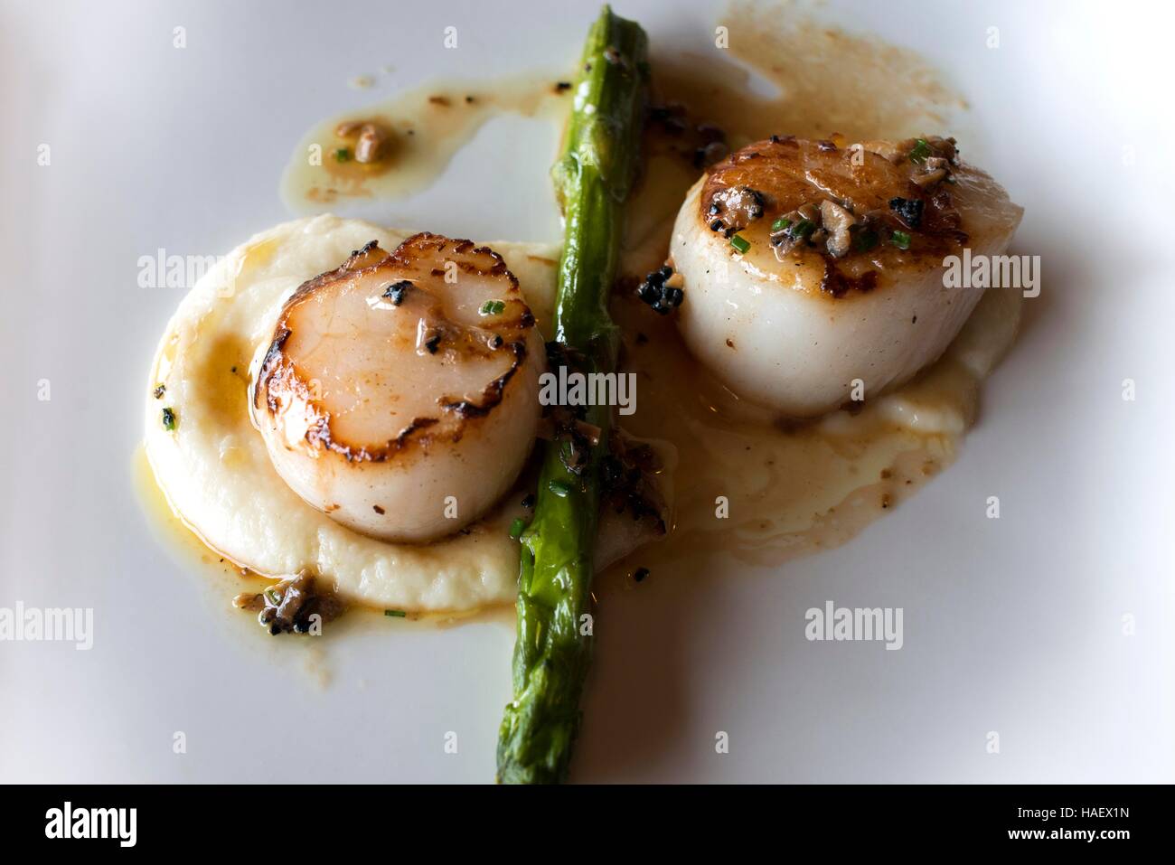 Restaurant Andra Mari Galdakao Galdacano. Gascogne, Pays Basque, Espagne. Plat de fruits de mer aux asperges. L'un des arrêts du Transcantabrico Gran Banque D'Images
