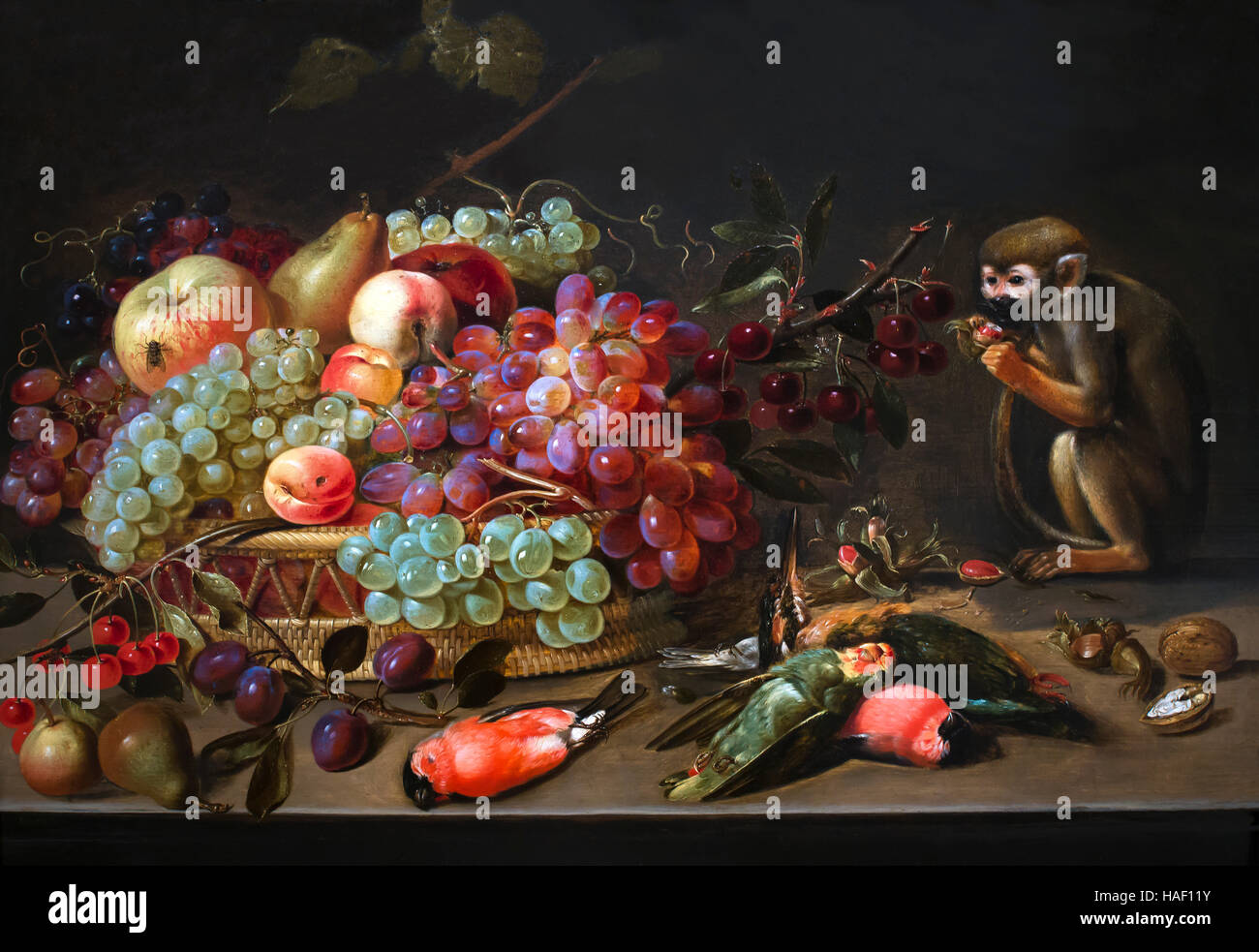 Encore la vie avec des fruits dans un panier, Dead Birds, et un singe, par Clara Peters, vers 1615-1621, Anvers, Belgique, Europe Banque D'Images