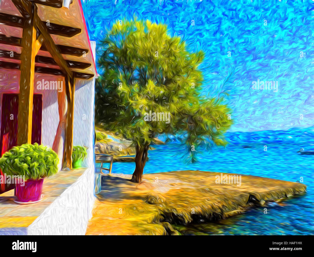 Maison proche de la mer, l'été à l'île de Milos, seascape Grèce - effet peinture Banque D'Images